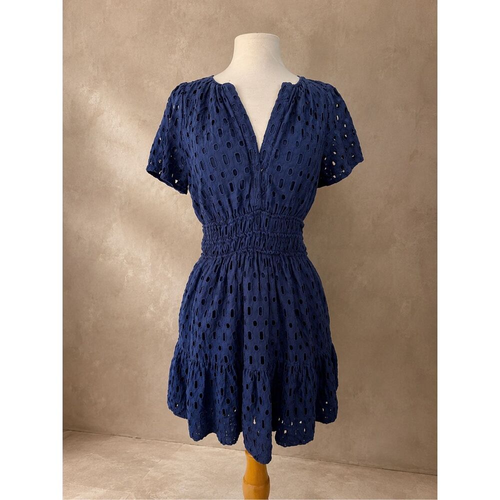 Anthropologie Sz M Somerset Eyelet Mini Dress Blue Short Sleeve Smocked